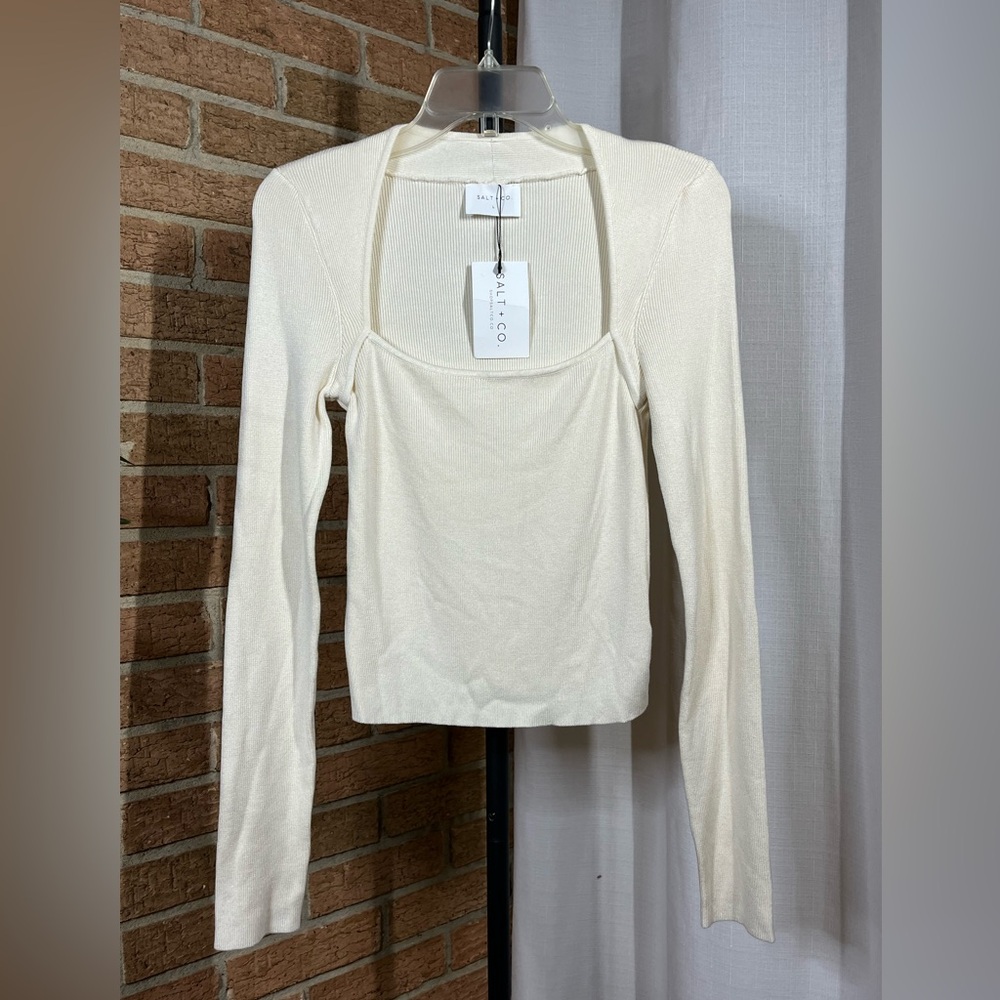 SALT + CO. Crème Ribbed Square Neck Knit Top Large NWT Soft Minimalist Neutral